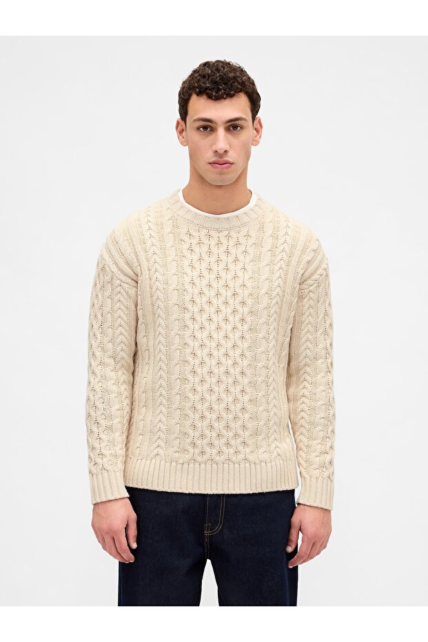 Erkek Bej Relaxed Cable-Knit Kazak