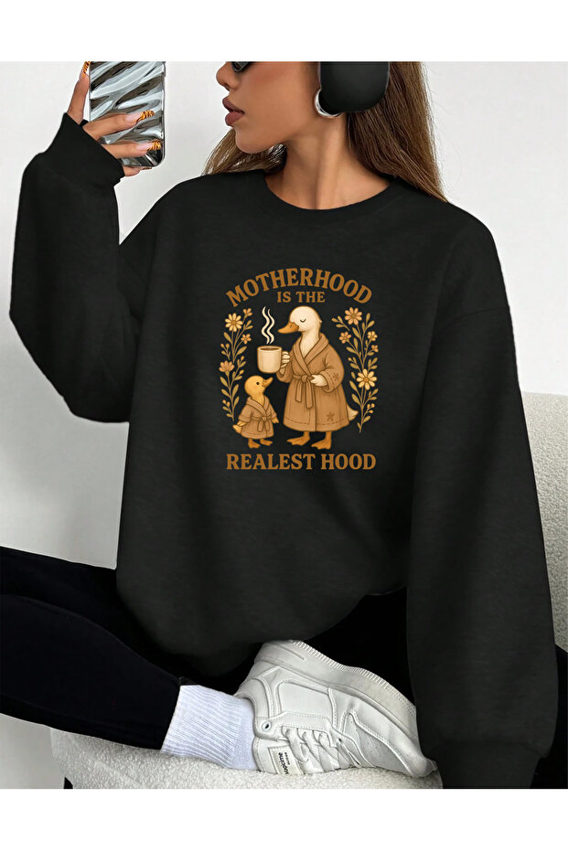 Motherhood Printed Cotton Circular Neck Black Sweatshirt