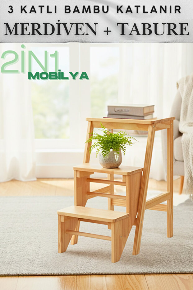 2 in 1 - 3 Katlı Bambu Katlanır Merdiven + Tabure - 1