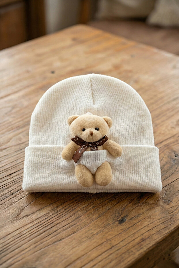 Children's White Cute Plush Teddy Bear Figured Folded Winter Knitwear Beanie