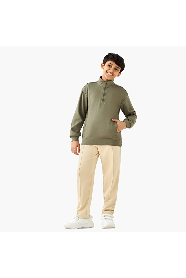 Solid High Neck Sweatshirt with Zip Closure - 2