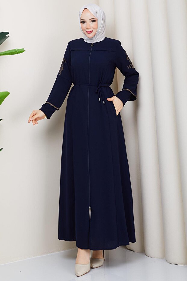 Lace-Up Embroidered Sleeve Abaya Navy Blue HM2854