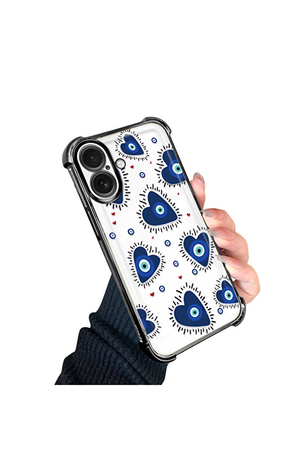 iPhone 16 Compatible Transparent Silicone Flutter Protective Case Evil Eye Pattern - 3
