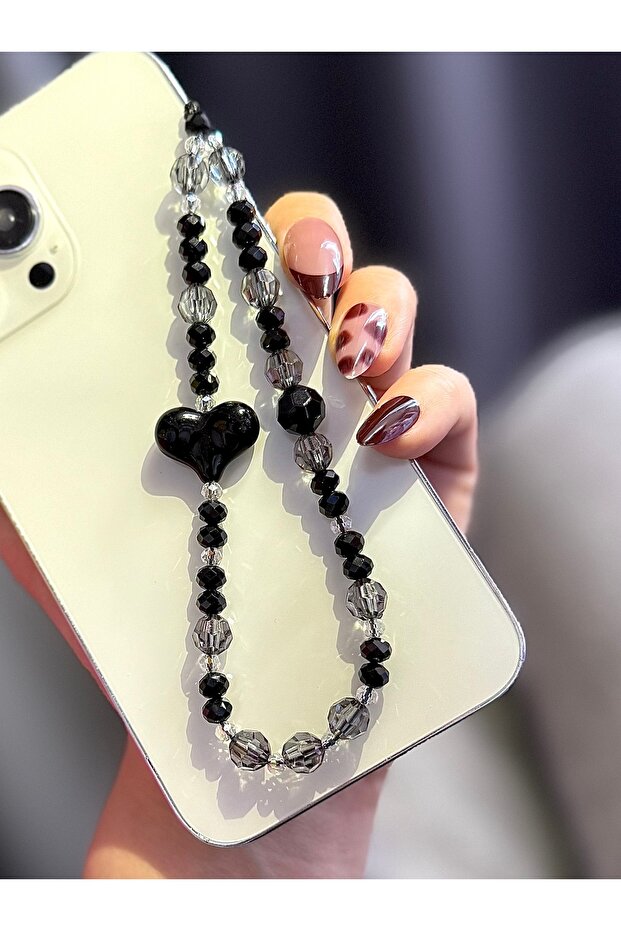 Heart and Black Crystal Beaded Phone Charmi Phone Strap Bag Accessory