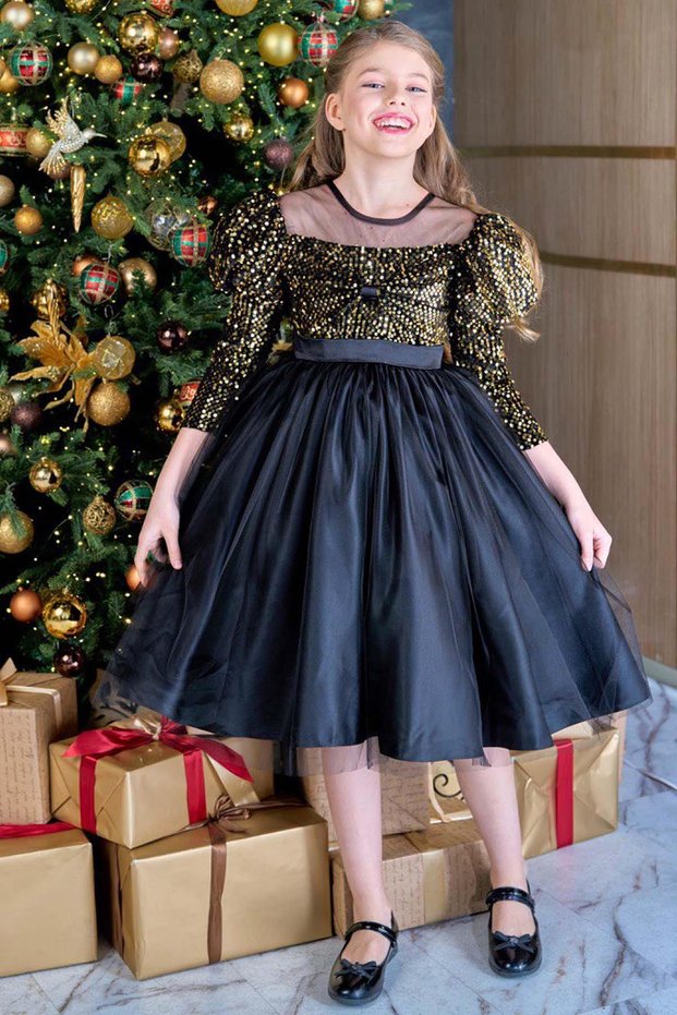 Girl's Boat Neck Sheer Tulle and Velvet Sequin Detail on the Bust Fluffy Balloon Sleeve Black Evening Dress