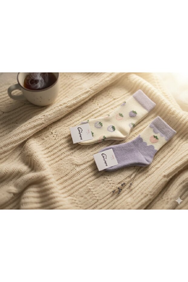 2 Pairs of Purple Strawberry Detailed Plush Socks