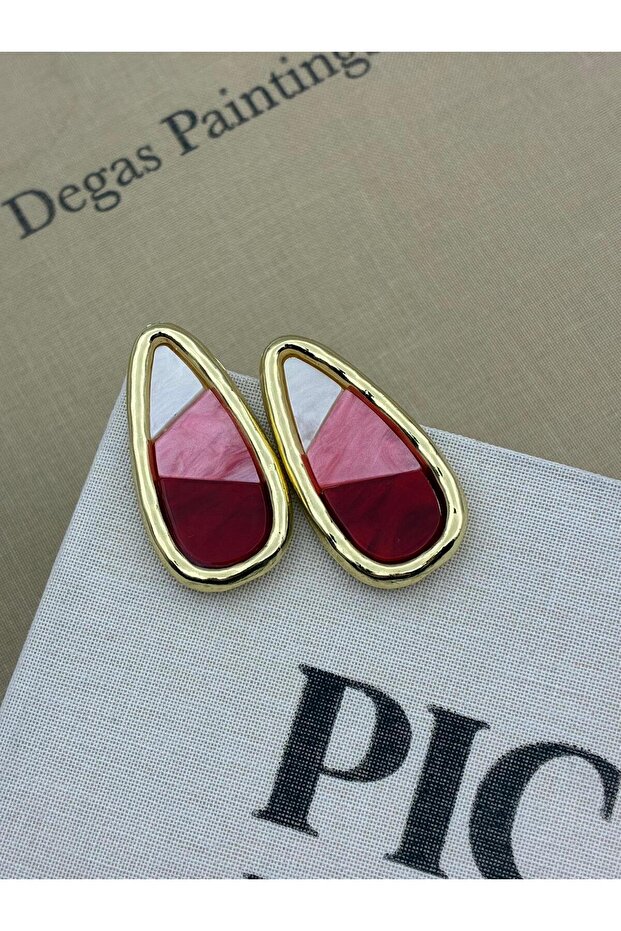 Fuchsia Tone Color Gradient Gold Detailed Large Drop Model Design Earrings