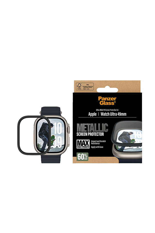 واقي شاشة PanzerGlass بإطار معدني أسود لساعة Apple Watch Ultra مقاس 49 مم - شفاف