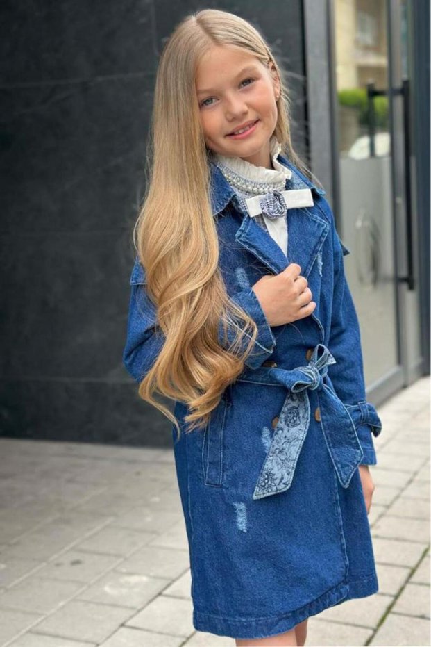 Girls' Plaid Dress with Ruffle Collar and Pearl Detail New Button and Belt Detail Navy Blue Trench Coat