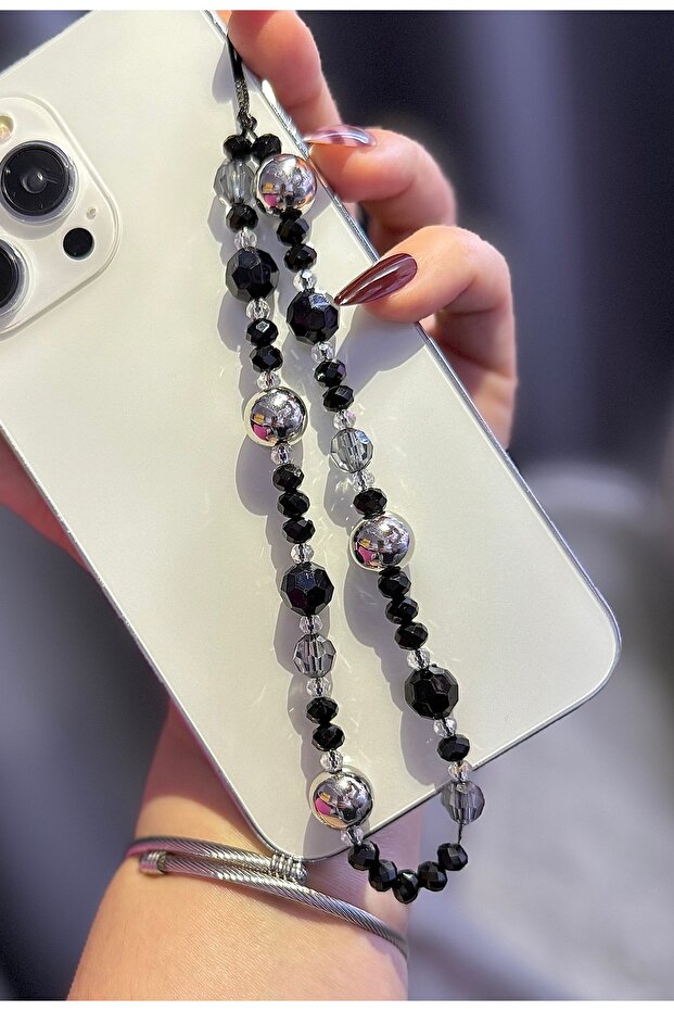 Silver and black crystal beaded phone charm phone lanyard bag accessory