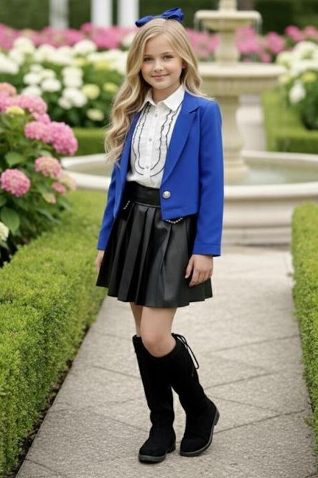 Girl's Diamond Stone Flared Shirt Navy Blue Blazer Jacket Stone Detailed Leather Skirt Set