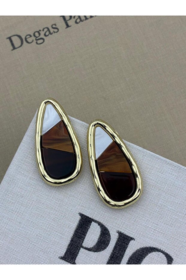 Coffee Tone Color Gradient Gold Detailed Large Drop Model Design Earrings