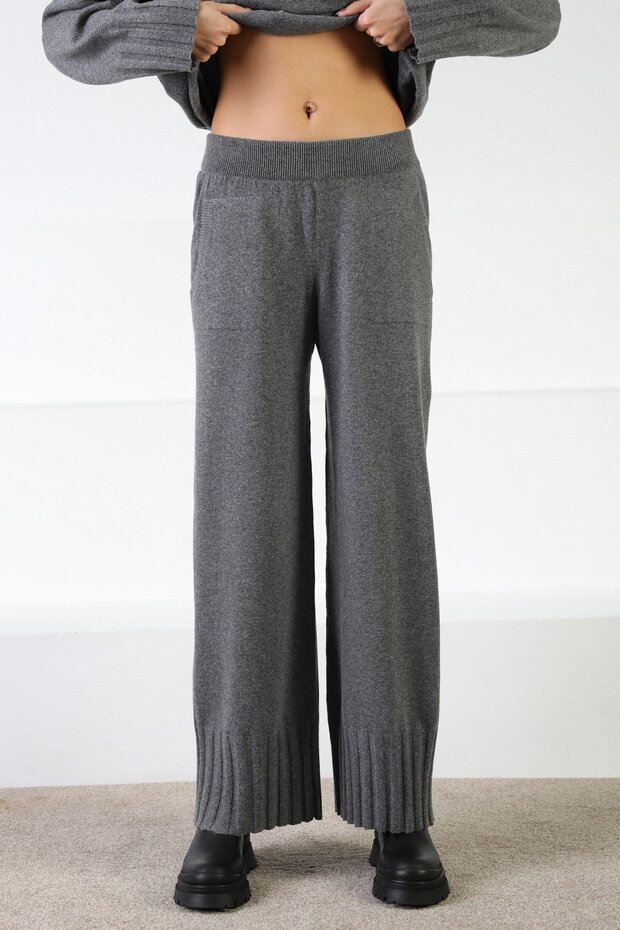 Anthracite Elastic Waist Wide Leg Cashmere Women's Knitwear Trousers