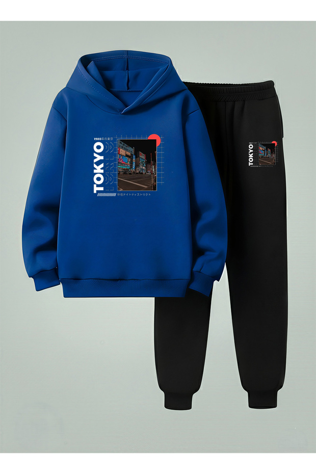 Children's Hooded Set Sweatshirt - Tracksuit Tokyo Desen Printed 3 Thread Raster