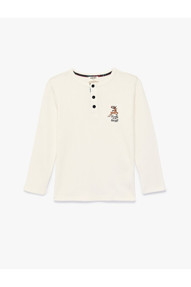 Cotton Button Detailed Long Sleeve Crew Neck Pajama Top