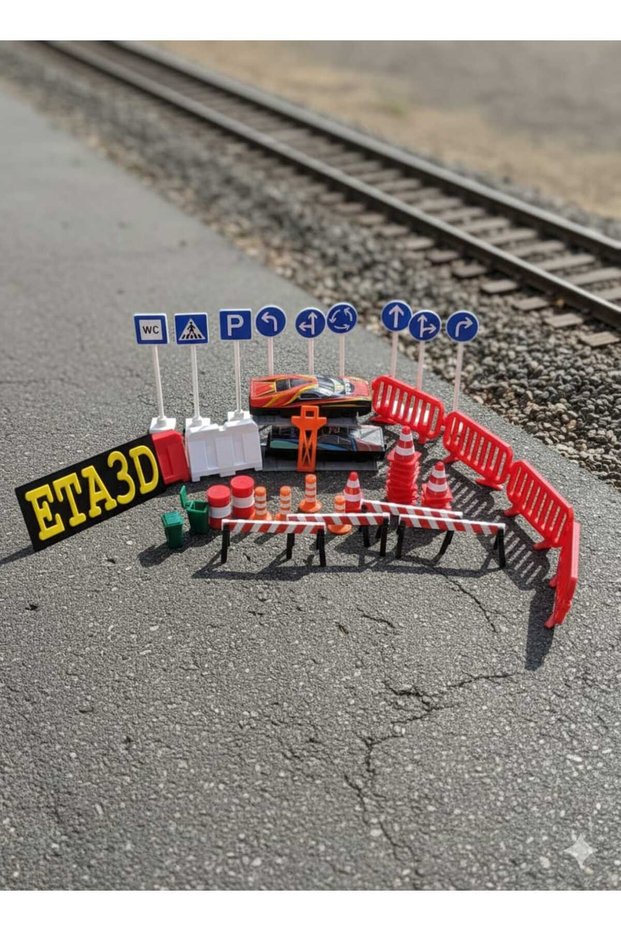 Educational Toy Traffic Signs, Cones, Oil Tank and Road Barriers Set with Surprise Car Gift