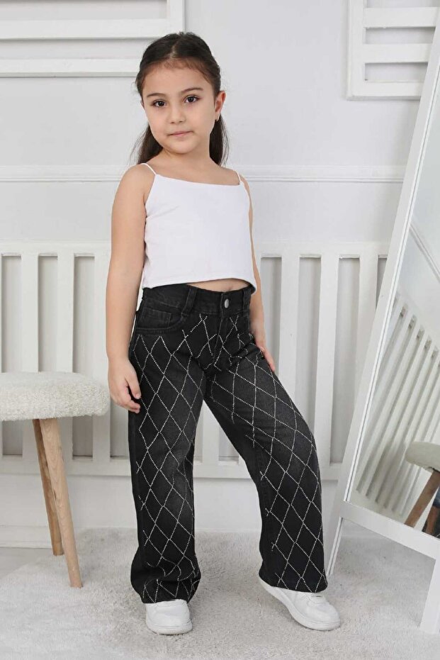 Premium Quality Black Wide Leg Diamond Patterned Jean Denim Girls' Trousers