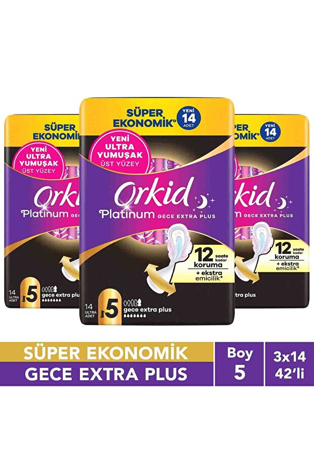 Orkid Platinum Gece Extra Plus (Boy 5) 14 Adet Süper Ekonomik Hijyenik Ped x3