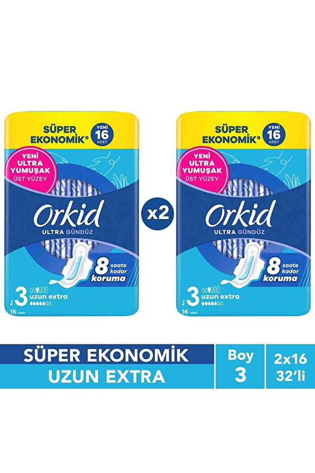 Orkid Ultra Uzun Extra (Boy 3) 16 Adet Süper Ekonomik Hijyenik Ped x2