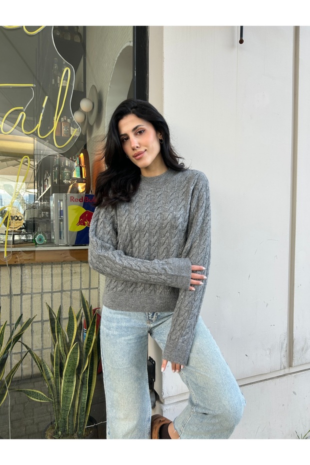 Hair Braid Patterned Soft Textured Women's Knitwear Sweater Anrasit