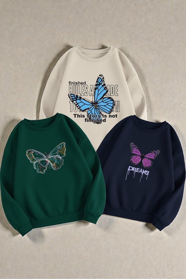 Multi-Colored Most Loved Butterfly Series Printed Sweatshirt 3-Piece Opportunity Pack