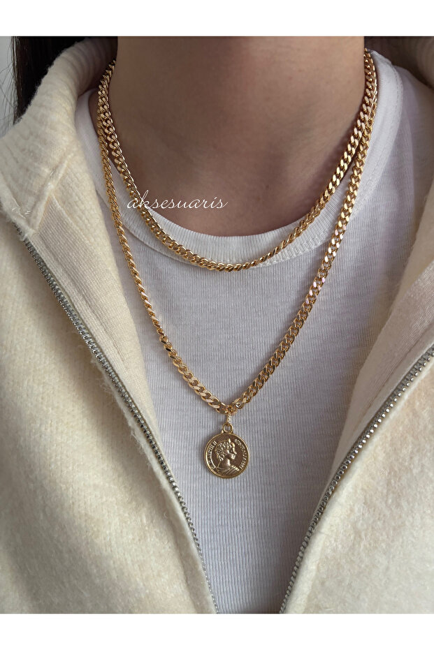 2-Piece Medallion Gold Women's Chain Necklace