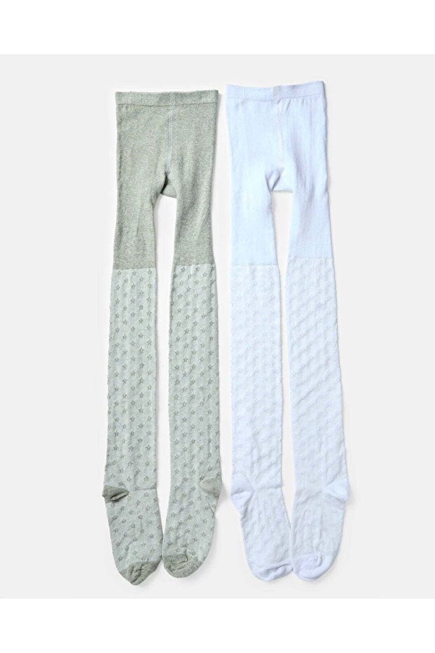 Girls Green And White Jacquard Tights Set (Pack of 2)