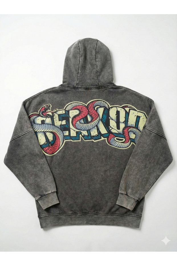 Men's Oversized Special Washed Vintage Printed Cotton Hooded Sweatshirt