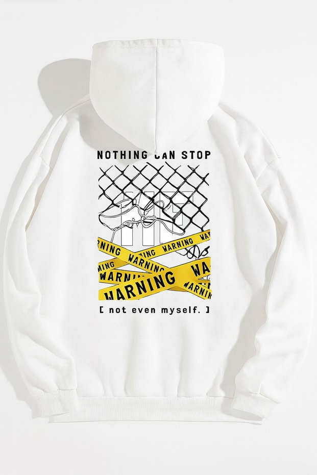 Unisex Oversized Hooded Warning Text Graphic Printed Street Style Comfortable Casual Sweatshirt