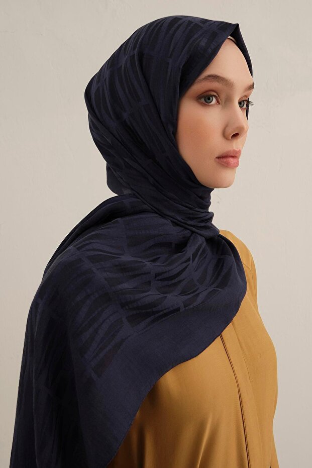 Lyocell Shawl - Match Pattern - Aly3-03 - Navy Blue