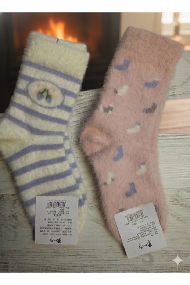 2 Pairs of Pink Heart and Purple Striped Plush Socks