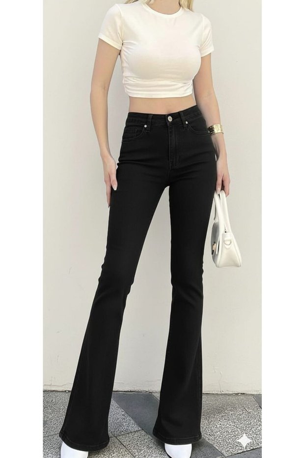 Jns High Waist Black Flared Jeans L Stretch Fabric Stretch Denim Trousers Flare