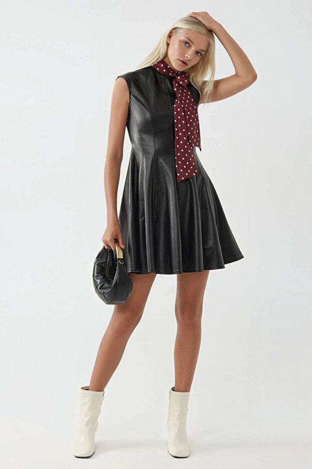BUSEM Suni Deri Fermuarlı Mini Elbise - 5
