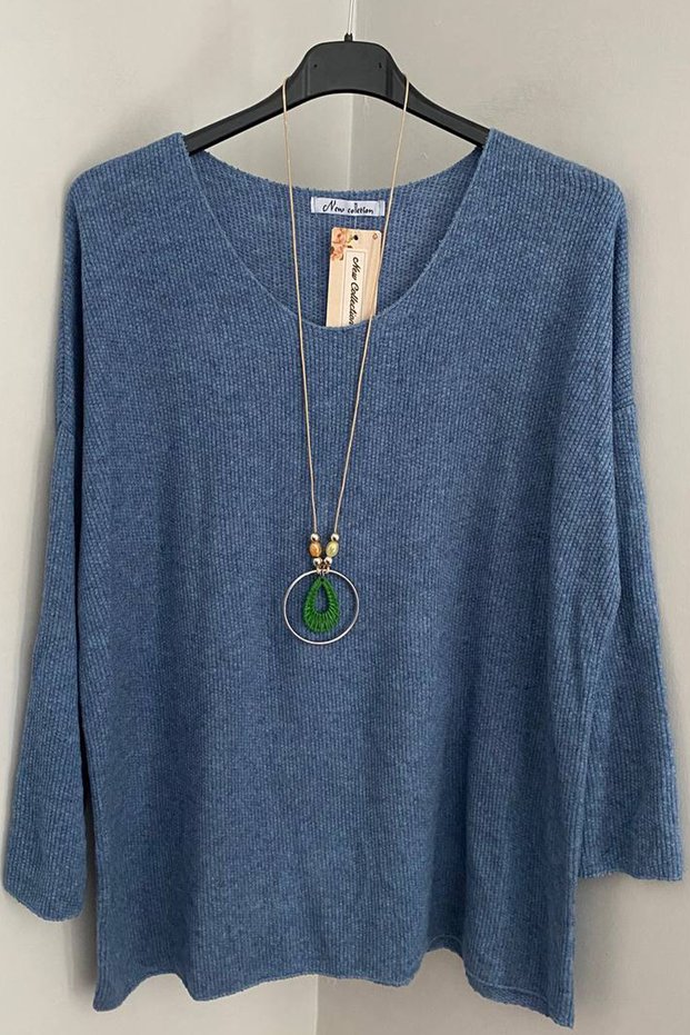 Women's Italian Indigo Blue V-Neck O Oversized Casual Textured Knitwear Blouse Tunic with Necklace Accessories