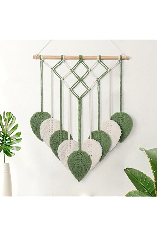 Wall Hanging Green Leaf Tassel Macrame Tapestry (Green & White)