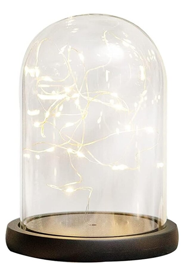 Glass Dome Cloche with LED Fairy Light and Wood Base, Clear Tabletop Bell Jar Display