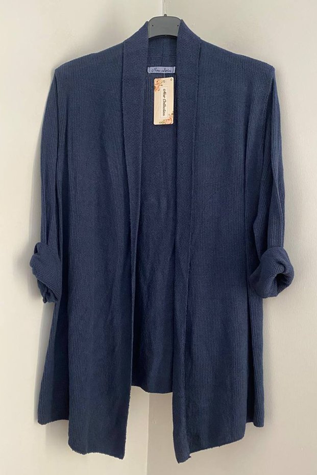 Women's Italian Navy Shawl Collar Sideless Slit Uncovered Loose Long Sleeve Textured Knitwear Cardigan Cap