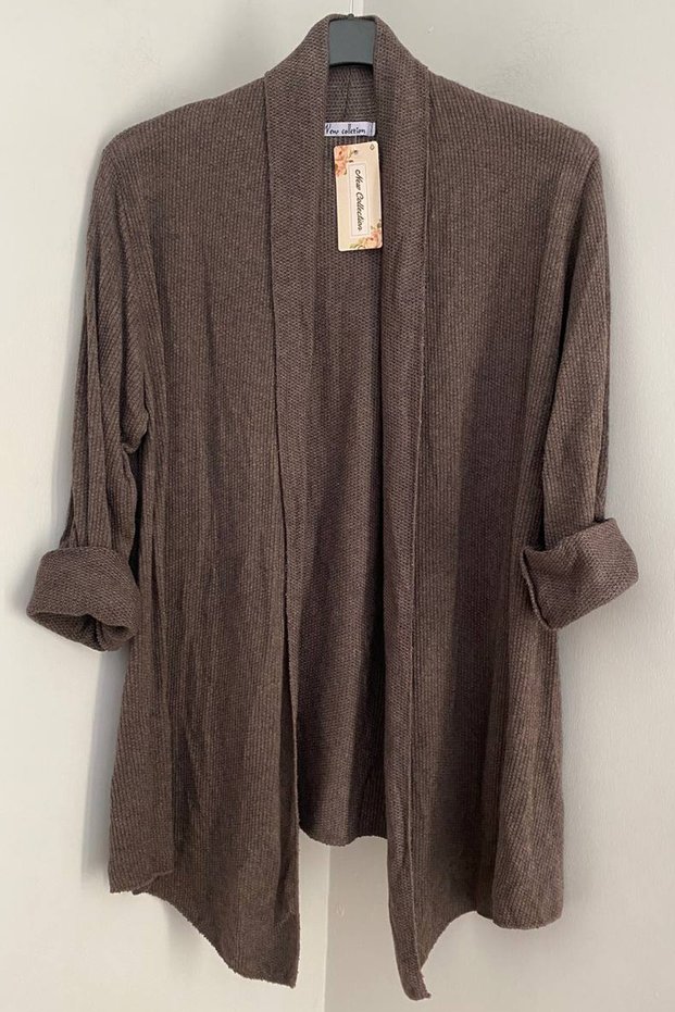Women's Italian Brown Shawl Collar Sideless Slit Unfastened Loose Long Sleeve Textured Knitwear Cardigan