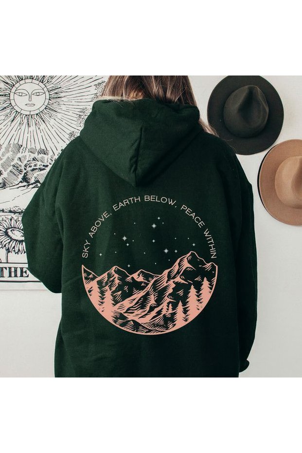 Unisex Oversized Hooded Mountain Landscape and Stars Graphic Printed Casual Streetwear Fashion Sweatshirt