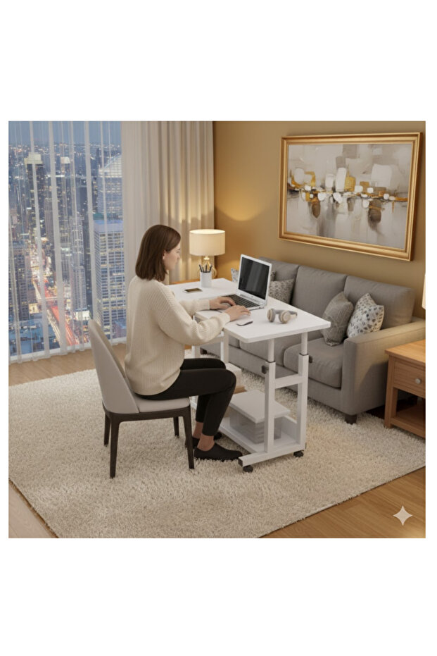 طاولة جانبية بعجلات فوق السرير، طاولة كمبيوتر متحركة قابلة لتعديل الارتفاع - 2