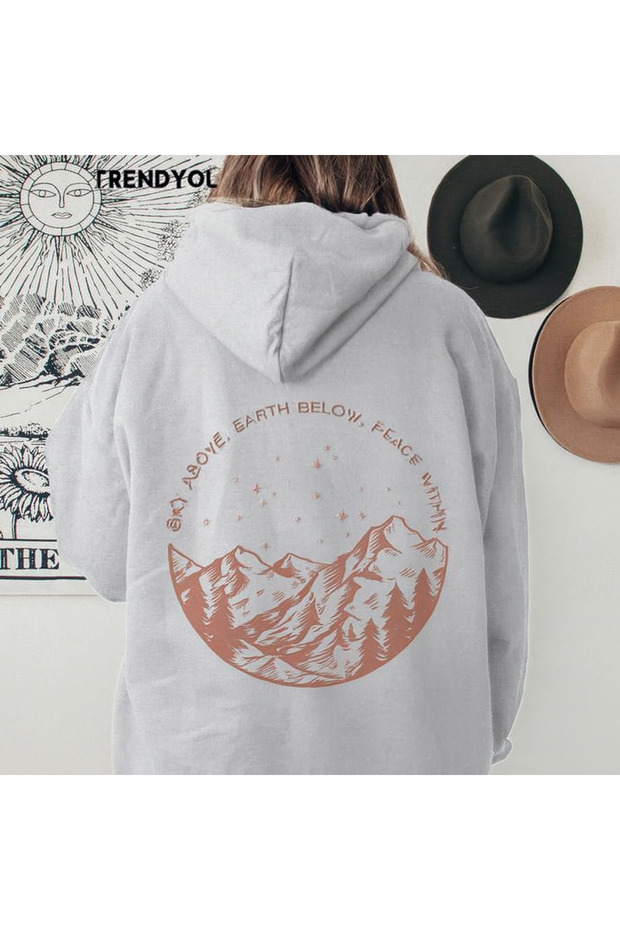 Unisex Oversized Hooded Mountain Landscape and Stars Graphic Printed Casual Streetwear Fashion Sweatshirt