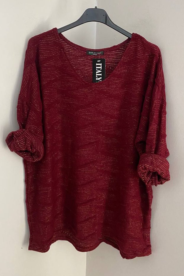 Women's Italian Burgundy Round Neck Glitter Textured Long Sleeve Loose Blouse Sweater