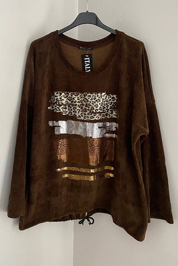 Women's Italian Brown Round Neck Leaf Leopard/ Zebra Pattern Oversized Loose Velvet Tunic Sweater