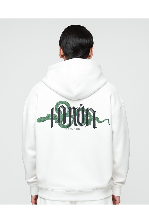 Unisex Oversized Hooded Snake Patterned Bloodline Text Printed Streetwear Sweatshirt