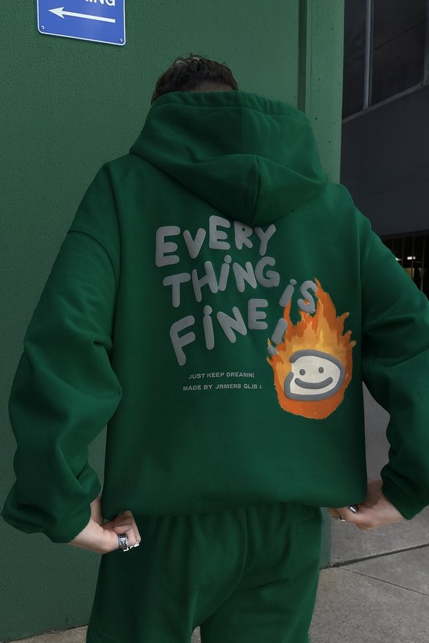 Unisex Oversized Hooded Everything Is Fine Text and Flame Emoji Printed Streetwear Sweatshirt
