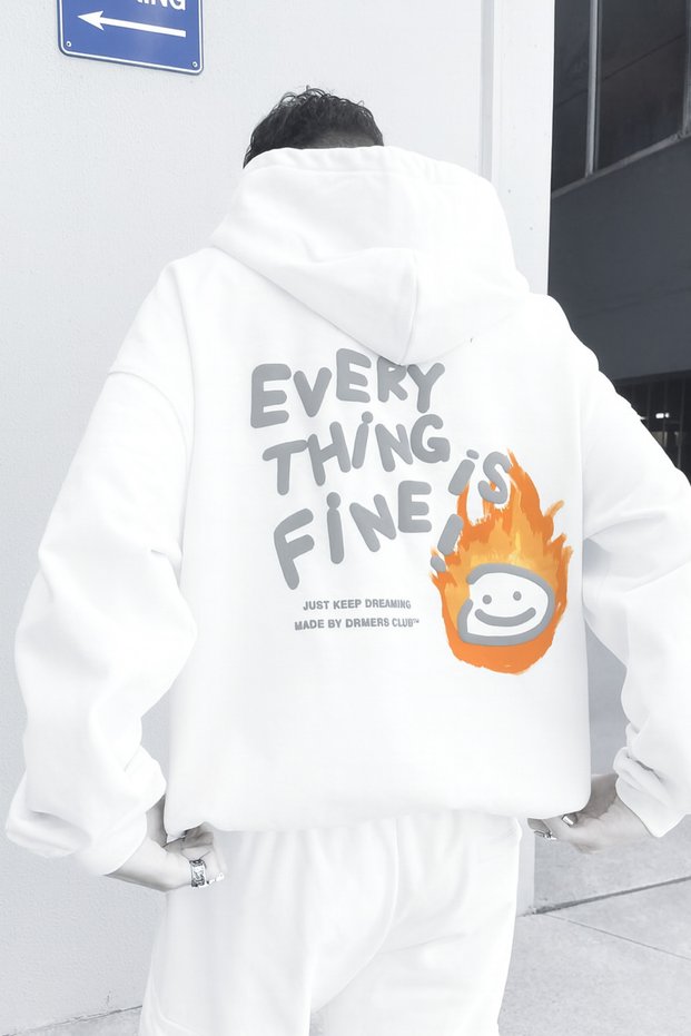 Unisex Oversized Hooded Everything Is Fine Text and Flame Emoji Printed Streetwear Sweatshirt