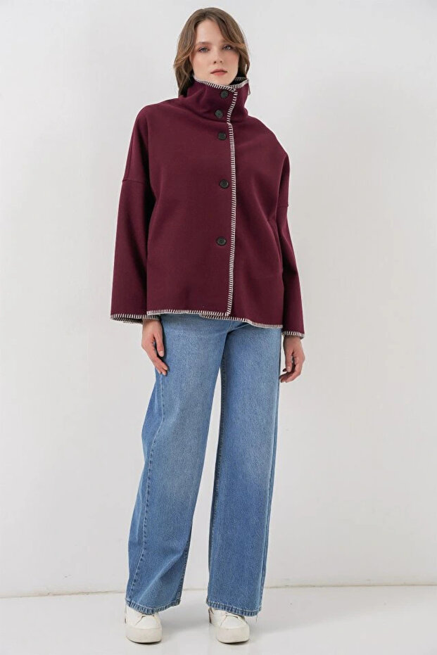 Nakışlı Kaşe Ceket 9167 - Bordo - 2