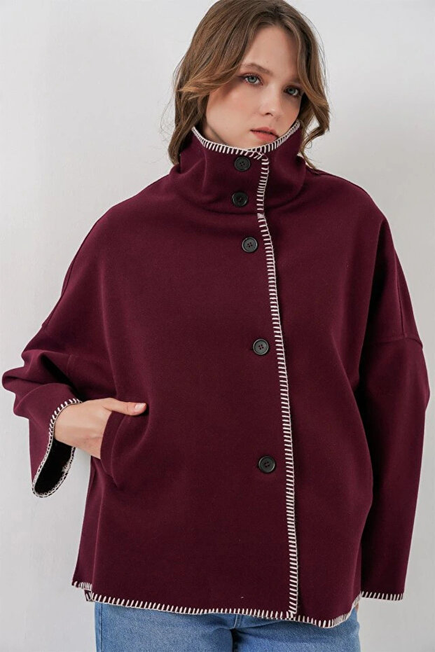 Nakışlı Kaşe Ceket 9167 - Bordo - 4