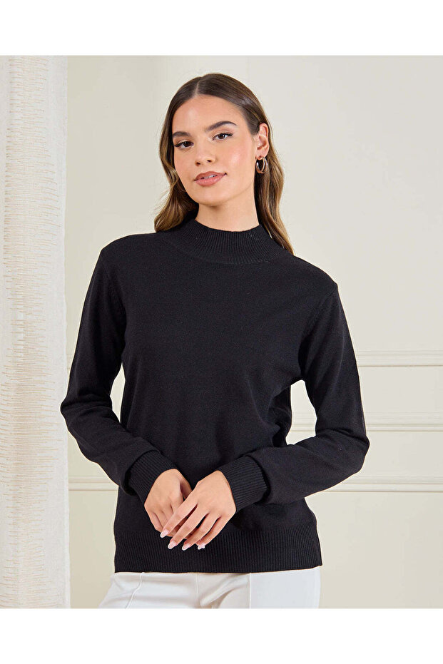 Women Black High Neck Rib Pullover - 1