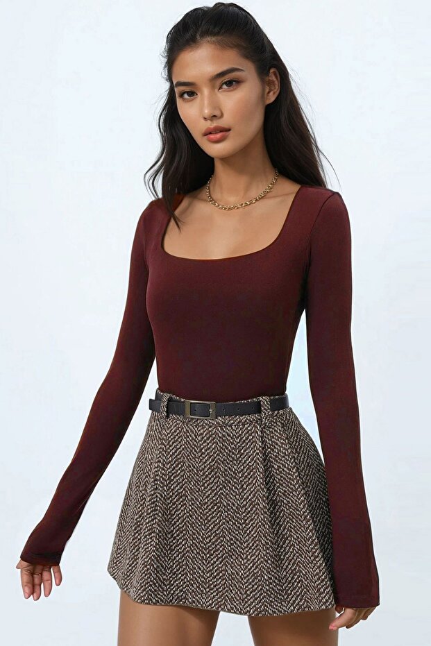 Women's Burgundy Square Neck Jumpsuit Bodysuit with Snap Buttons at the Bottom Alc-X14390